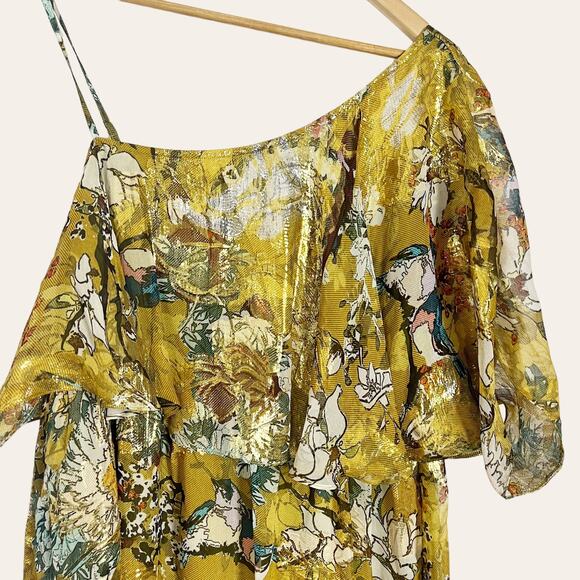 Hemant and Nandita Yellow Silk Metallic One Shoulder Mini Dress Size M - Picture 6 of 8